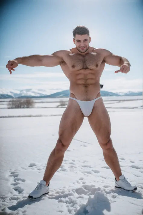 1 stocky shirtless Russian gay is standing with his legs and thighs opened and spread in the snow with wide landscape of snowfield , 1 man only, no other people, iceblocks and icelake and snow scene, he is wearing white fur gloves, fur woolen hat to cover ...