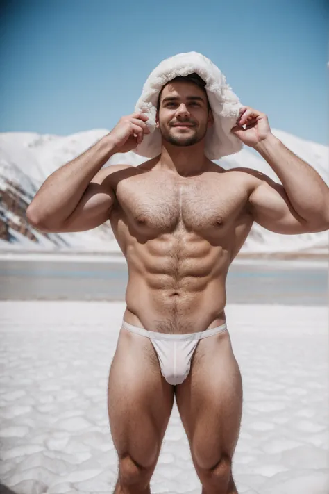 1 stocky shirtless Russian gay is standing with his legs and thighs opened and spread in the snow with wide landscape of snowfield , 1 man only, no other people, iceblocks and icelake and snow scene, he is wearing white fur gloves, fur woolen hat to cover ...