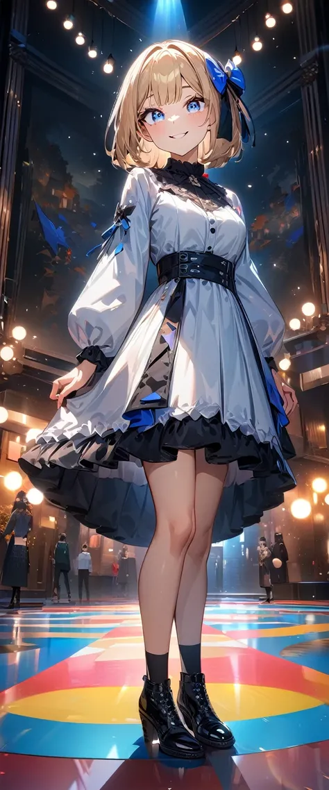 (((One girl))), Shibuya, blond hair, bob cut, (looking at viewer), full body, breasts, teenager, head tilt:1.3, (((blue eye))), constricted pupils, (from side:1.3), ((happy smile)), gothic lolita:1.3, hair ornament, hair ribbon, anime style, (best quality,...