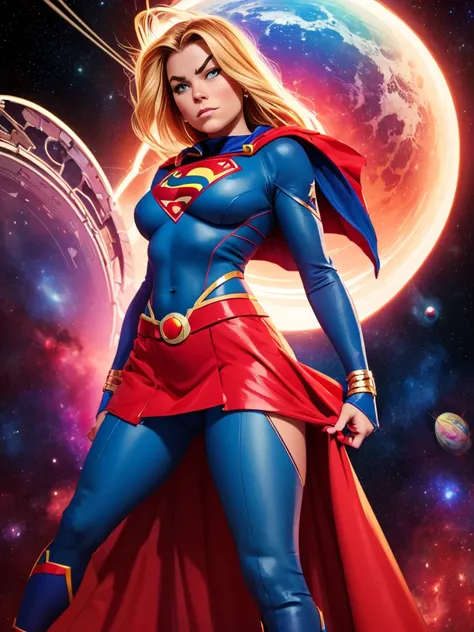 (((comic style, cartoon art))). ((1 girl)), lonly, solo, a comic-style image of supergirl a hot hero girl, with her as the centr...