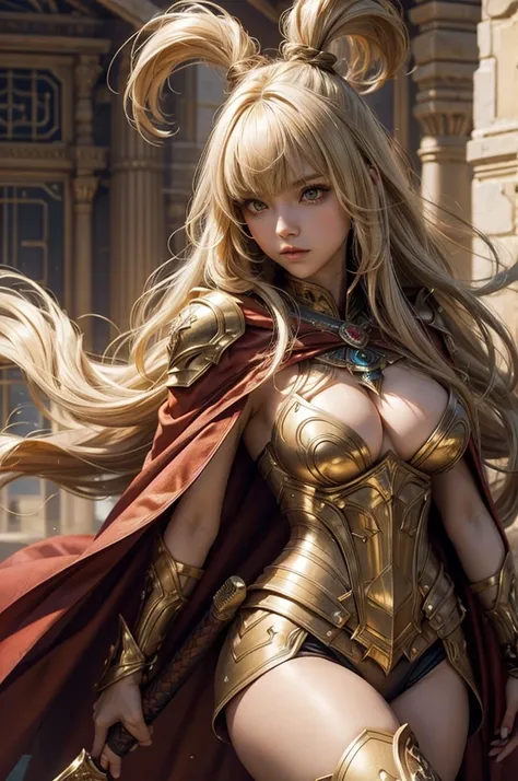 Perfect human body modeling, 1girl, pretty face, blunt bangs, Long hair, drill hair, twin drills, blonde hair, shiny hair, glow eyes, jitome, brown eyes, tsurime, white skin, huge breasts, Short body, Western-style fantasy, RPG, Rocky mountains, desert, Re...