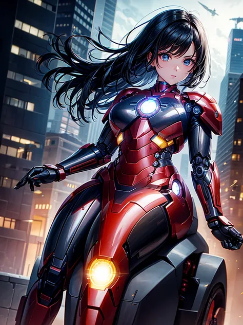 Highest quality,Highest Resolution,beautiful girl,Black Iron Man-like android,metallic,Mechanic,cyborg,Future city at night,Short black hair,whole body,Ride on a futuristic machine and drive,Move,