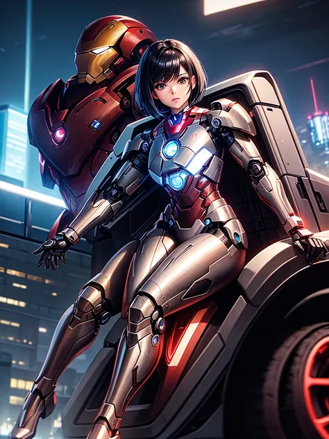 Highest quality,Highest Resolution,beautiful girl,Black Iron Man-like android,metallic,Mechanic,cyborg,Future city at night,Short black hair,whole body,Ride on a futuristic machine and drive,Move,