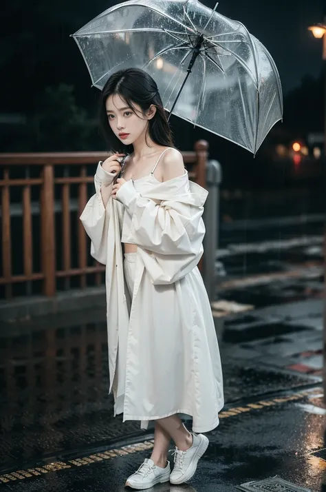 (((best quality))),(((ultra detailed))),(((masterpiece))),illustration,1girl, young,solo, slim,thin,shoulder length straight bob hair,small breasts,flat chest,standing,rainy night, heavy rain, drenched clothes, melancholy expression, solitude, tear rolling...