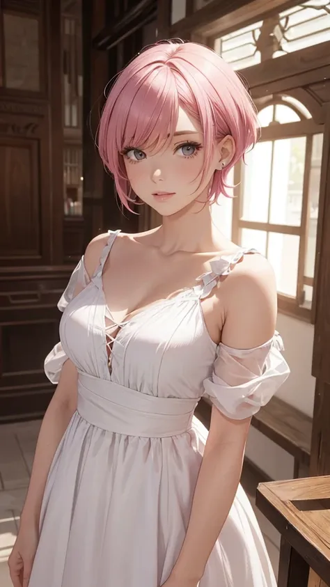 alcanevi, a woman with medium-short pink hair wearing a white dress, woman&#39;s face, unreal engine character art, portraiture、...