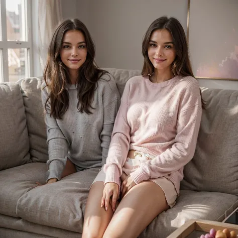 Female supermodel. Cute, adorable, smiling. Pastel pink sweater. Sitting on gray sofa. Living room. Dark, soft lighting. Sunset.