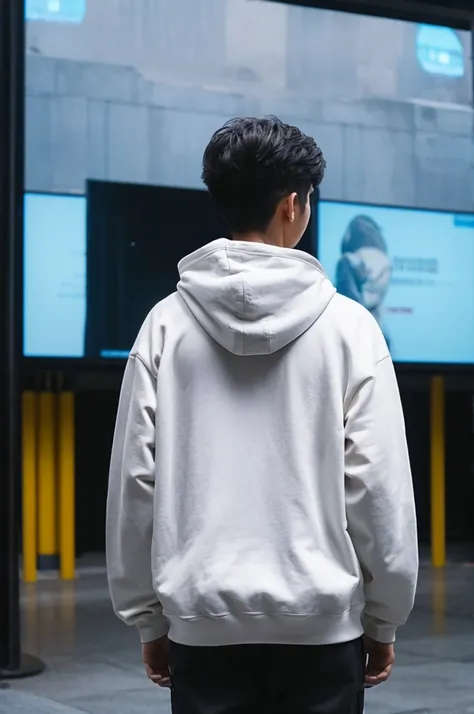 Create a photo of a person wearing a hoodie standing with their back to the screen