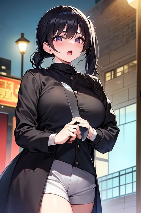 masterpiece,Big Breasts,beauty,Scream Mask,Black Hair,Side Ponytail,holding a knife,Standing under a streetlight,night,Black long coat