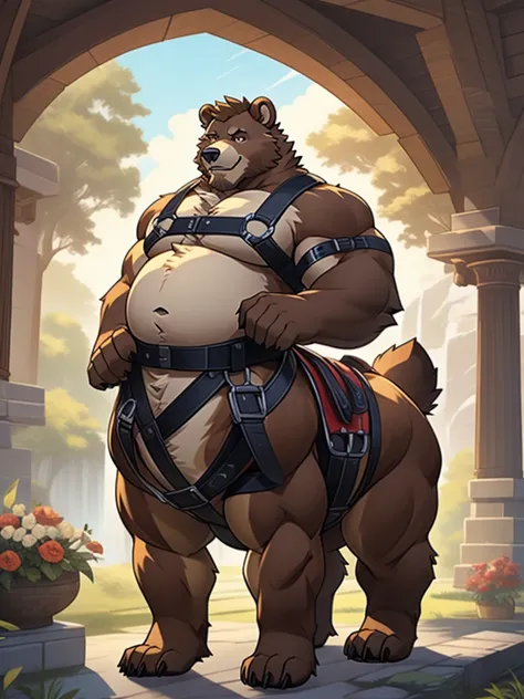 brown bear, furry, fur taur, beartaur, middle-age, detailed face, bear ears, bear eyes(brown), bear nose(black), bear mouth, garibaldi beard(white), mature hair(white), detailed arms, strongest, hands(5 fingers), detailed body belly, muscle belly(white), c...