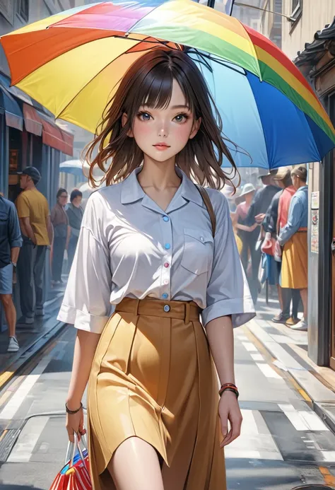 Ultra-realism, a girl with a rainbow umbrella