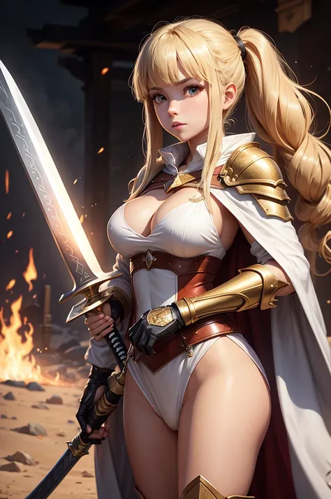 Perfect human body modeling, 1girl, pretty face, blunt bangs, Long hair, drill hair, twin drills, blonde hair, shiny hair, glow eyes, jitome, brown eyes, tsurime, white skin, huge breasts, Short body, Western-style fantasy, RPG, Rocky mountains, desert, Re...