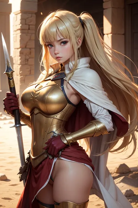 Perfect human body modeling, 1girl, pretty face, blunt bangs, Long hair, drill hair, twin drills, blonde hair, shiny hair, glow eyes, jitome, brown eyes, tsurime, white skin, huge breasts, Short body, Western-style fantasy, RPG, Rocky mountains, desert, Re...