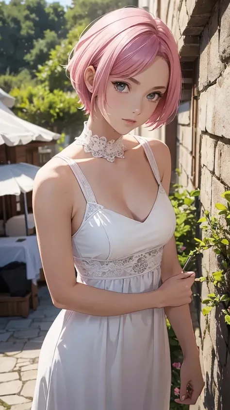 Alcanevi, A woman with medium-short pink hair wearing a white dress, Woman&#39;s face, Unreal Engine Character Art, Portraiture