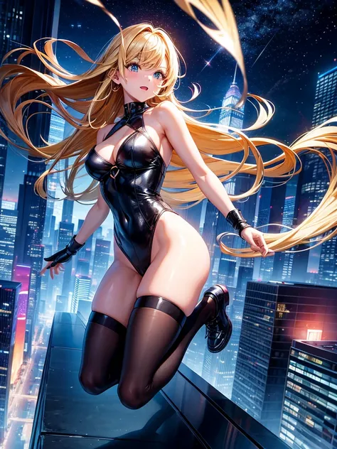 Highest quality,Highest Resolution,Woman jumping off a skyscraper,Night City,