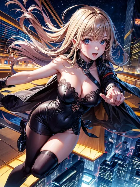 Highest quality,Highest Resolution,Woman jumping off a skyscraper,Night City,