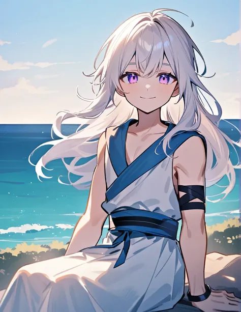 Greek boy with shoulder-length long white hair, violet eyes, with one arm bandaged, sitting on a hill facing the sea and giving a gentle smile