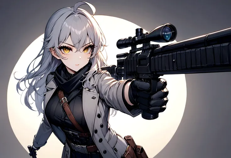 (masterpiece, best quality:1.2), 1girl, 独奏,Black military uniform、Looking through the scope、Point your gun at us、Grey long hair、Ahoge、Yellow Eyes、Ready your gun?、sniper rifle、Background of military bases、Fisheye Lens、battlefield、Shadows of light and darkne...