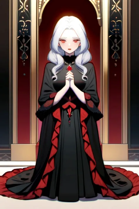 Beautiful woman with perfect features Long black dress White hair and red eyes Red lipstick.
kneeling praying