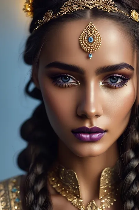 Close-up of a fantastical being with blue skin, golden accents and intricate patterns, delicate golden sparkles creating a glowing effect, serene and mysterious expression, braided hair with golden beads, elaborate headpiece with ornate details, soft blur ...