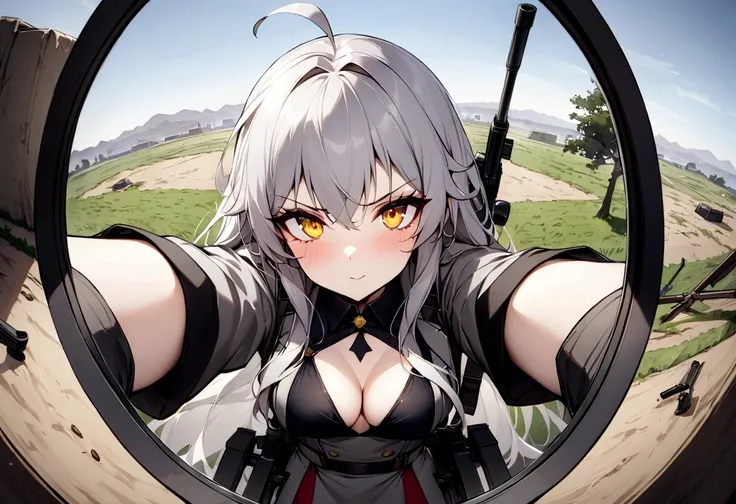 ,sniper rifle(masterpiece, best quality:1.2), 1girl, 独奏,Black military uniform、Looking through the scope、Point your gun at us、Grey long hair、Ahoge、Yellow Eyes、Ready your gun?、sniper rifle、Background of military bases、Fisheye Lens、battlefield、光と闇の陰影ナイフとRead...