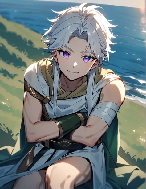 young Greek warrior with shoulder-length long white hair, violet eyes, with one of his arms bandaged, sitting on a hill facing the sea and giving a gentle smile