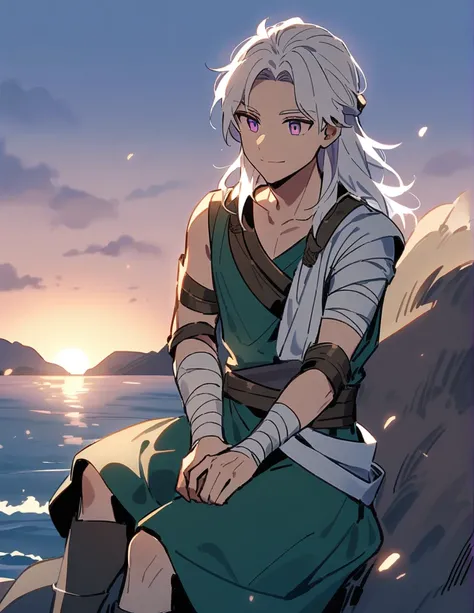 young Greek warrior with shoulder-length long white hair, violet eyes, with one of his arms bandaged, sitting on a hill facing the sea and giving a gentle smile