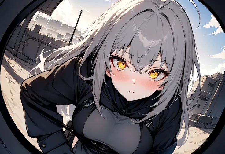 (masterpiece, best quality:1.2), 1girl, 独奏,Black military uniform、Looking through the scope、Point your gun at us、Grey long hair、Ahoge、Yellow Eyes、Ready your gun?、sniper rifle、Background of military bases、Fisheye Lens、battlefield、Shadows of light and darkne...