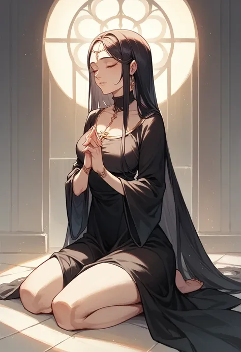 Beautiful woman , long black dress kneeling praying to God 