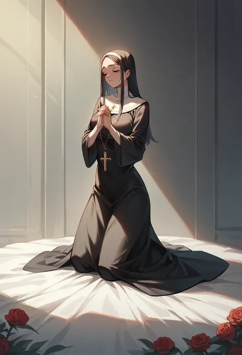 Beautiful woman , long black dress kneeling praying to God 