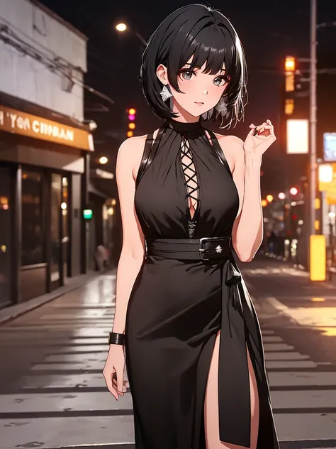 1girl, wearing a black colour party frock, stylish frock, at a night party, black short hair, 8k, high detailed, high quality
