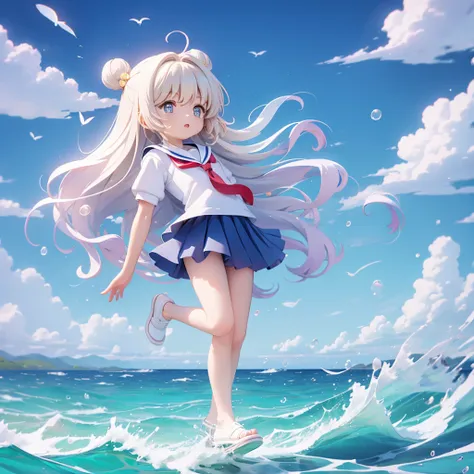 Semi-transparent one-piece sailor uniform、、Seaside、Highest quality、the wind is strong