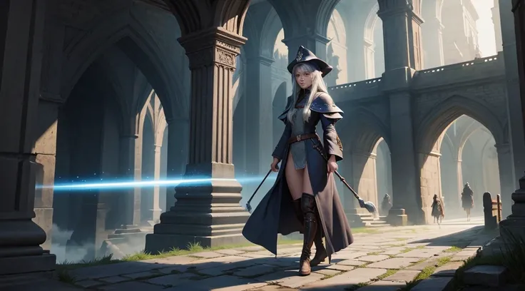 medieval setting, full view of body, 1 female elf mage,beatiful smokey eyes, silver hair, black mage robe with gambeson, wizard hat, leather boots, walking over a bridge of light