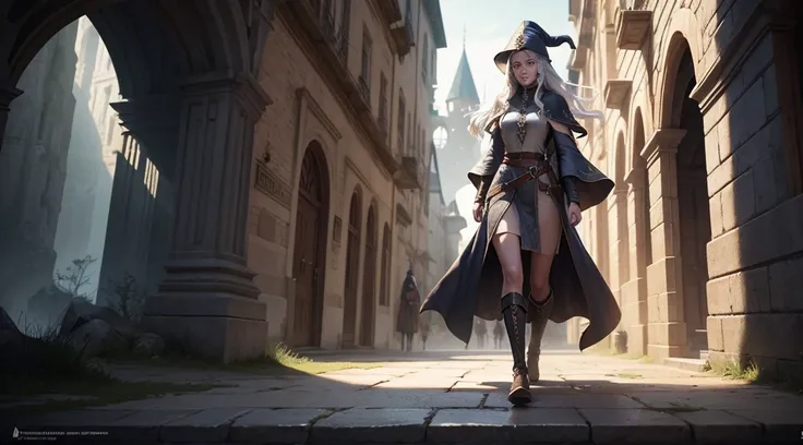 medieval setting, full view of body, 1 female elf mage,beatiful smokey eyes, silver hair, black mage robe with gambeson, wizard hat, leather boots, walking over a bridge of light