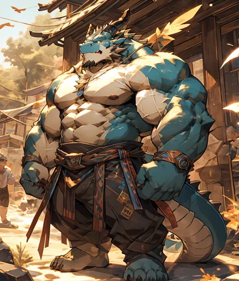 一个白dragon兽人，robust construction，muscular，like a born strong man。his skin looks healthy and fair.，muscle and fat intertwined，crea...