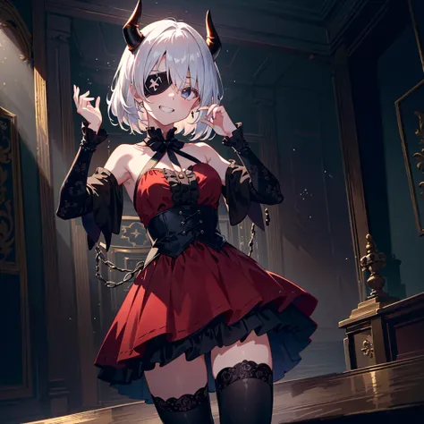 score_9, score_8_up, score_7_up, source_anime, masterpiece, best quality, high resolution, extremely detailed CG, absurdres, highres, 1girl, solo, a cool girl in gothic costume posing in palace, miniskirt, frills, black and red outfit, (black_tights)), (si...