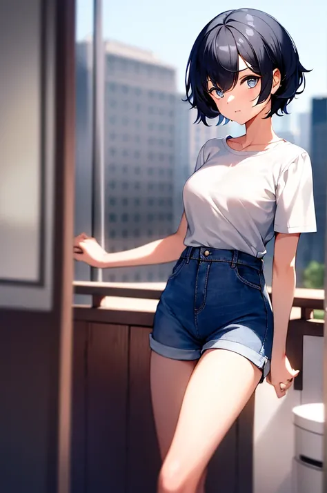 1girl, short black hair, blue eyes, wearing plain white shirt, denim shorts, city, absurdres, high res, ultrasharp, 8K, masterpiece, looking at viewer