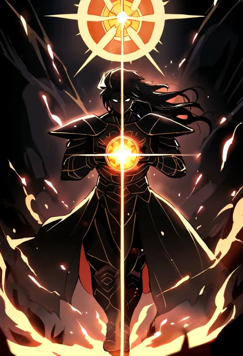 god  of the sun and darkness posing holding a sword covered in an aura of darkness and the sun With long black hair And a strong body With black armor 