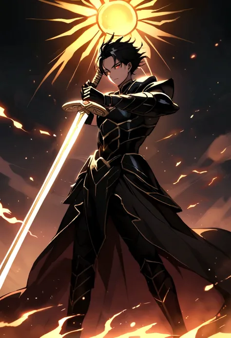 god  of the sun and darkness posing holding a sword covered in an aura of darkness and the sun With long black hair And a strong body With black armor 