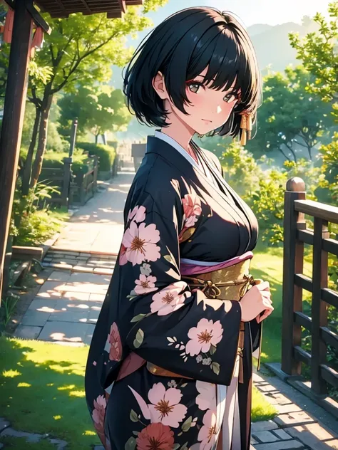 1girl, wearing a beautiful long kimono, at a japan village, black short hair, 8k, high detailed, high quality