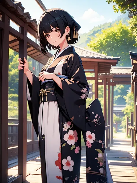 1girl, wearing a beautiful long kimono, at a japan village, black short hair, 8k, high detailed, high quality