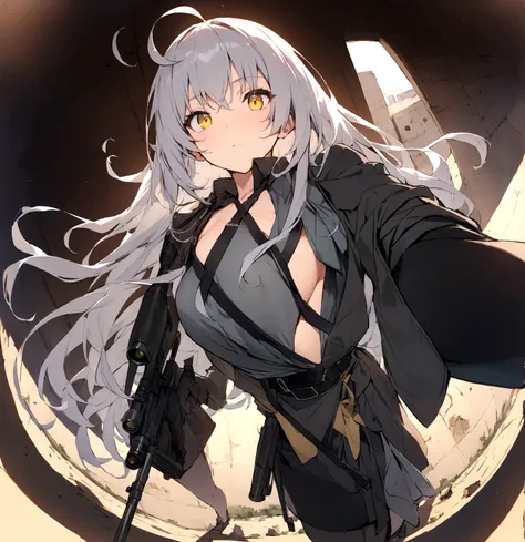 (masterpiece, best quality:1.2),Expressionless、 1girl, 独奏,Black military uniform、Grey long hair、Ahoge、Yellow Eyes、Ready your gun?、sniper rifle、Background of military bases、Fisheye Lens(masterpiece, best quality:1.2),Expressionless、 1girl, 独奏,Black military...