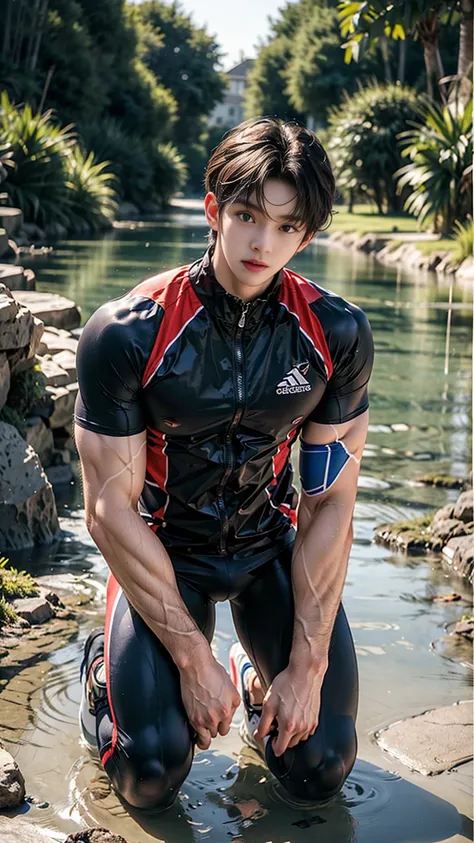 masterpiece,best quality, (A well-built 18-year-old tall boy:1.2), (Kneeling upright in the middle of the stream:1.2),Orange tight cycling suit,male，(Broad shoulders),Muscular shoulders，（Extremely strong body），Fitness，Inverted triangle figure，Biceps，Highli...