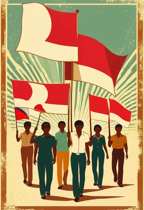 people holding Indonesian flags, retro poster, retro art, minimalistic, 1970s