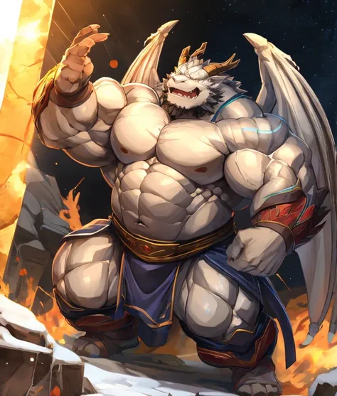 一只白dragon兽人，burly figure，muscular，like a born strong man。his skin looks healthy and fair.，muscle and fat intertwined，create uniq...