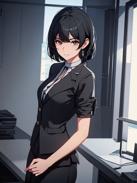 1girl, wearing a black colour office suit, at an office, black short hair, 8k, high detailed, high quality