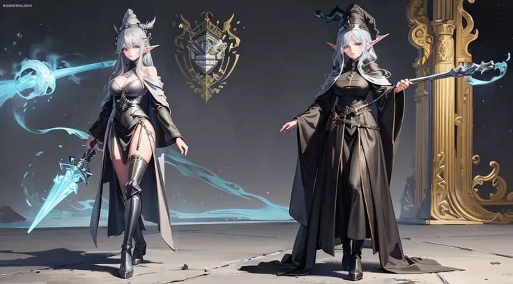 medieval setting, full view of body, 1 female elf mage,beatiful smokey eyes, silver hair, black mage robe with gambeson, wizard hat, leather boots, walking on bifrost