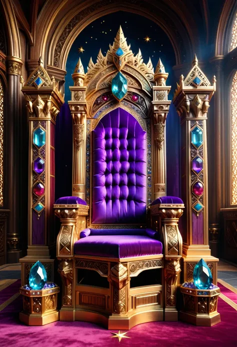 a picture of a massive epic throne, it has purple silk cushions, rubies, topaz, aquamarine gemstones artwork, the throne is epic in its majestic, power, and royalty, symmetric with many wood decorations and gem artwork, behind the throne there are stars an...