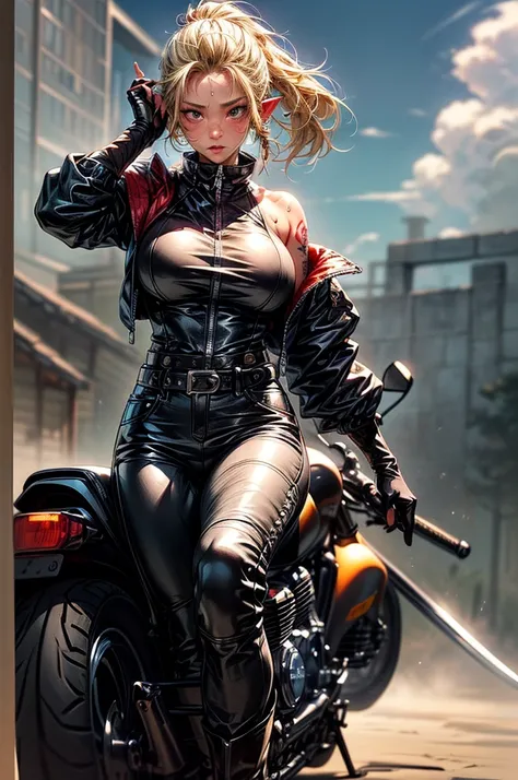 Super detailed,(((masterpiece))),(((highest quality))),(riding on motorcycle:1.3),(cute face,beautiful face:1.3),((blonde side ponytail long hair:1.5)),(Redeye:0.6),(pointed ears,black skin ,oil skin:1.5)(huge breasts:1.2),(model:1.1),(tattoo),(black ZZR),...