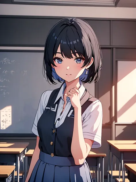 1girl, wearing a japanese highschool girl uniform, white shirt and blue skirt, at a classroom , black short hair, 8k, high detai...