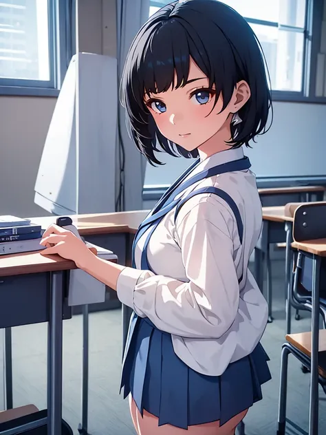 1girl, wearing a japanese highschool girl uniform, white shirt and blue skirt, at a classroom , black short hair, 8k, high detai...